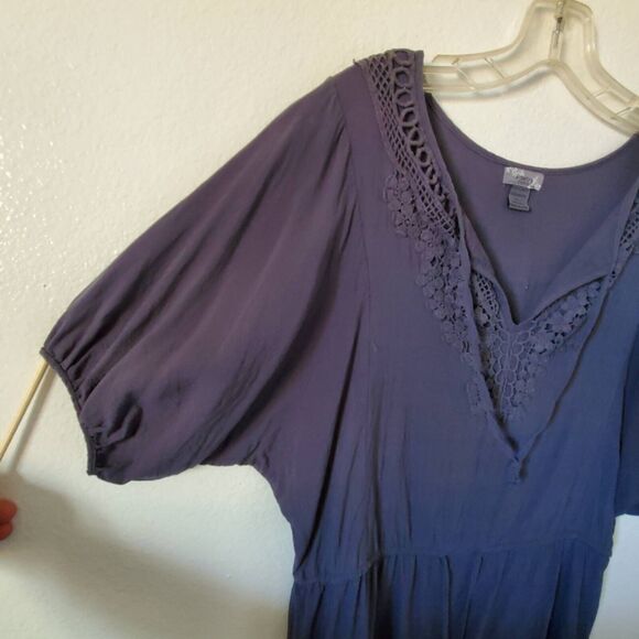 Poetry Peasant Blouse Women's L Gray Blue Short Sleeve Crochet Lace Rayon Boho - Picture 7 of 10